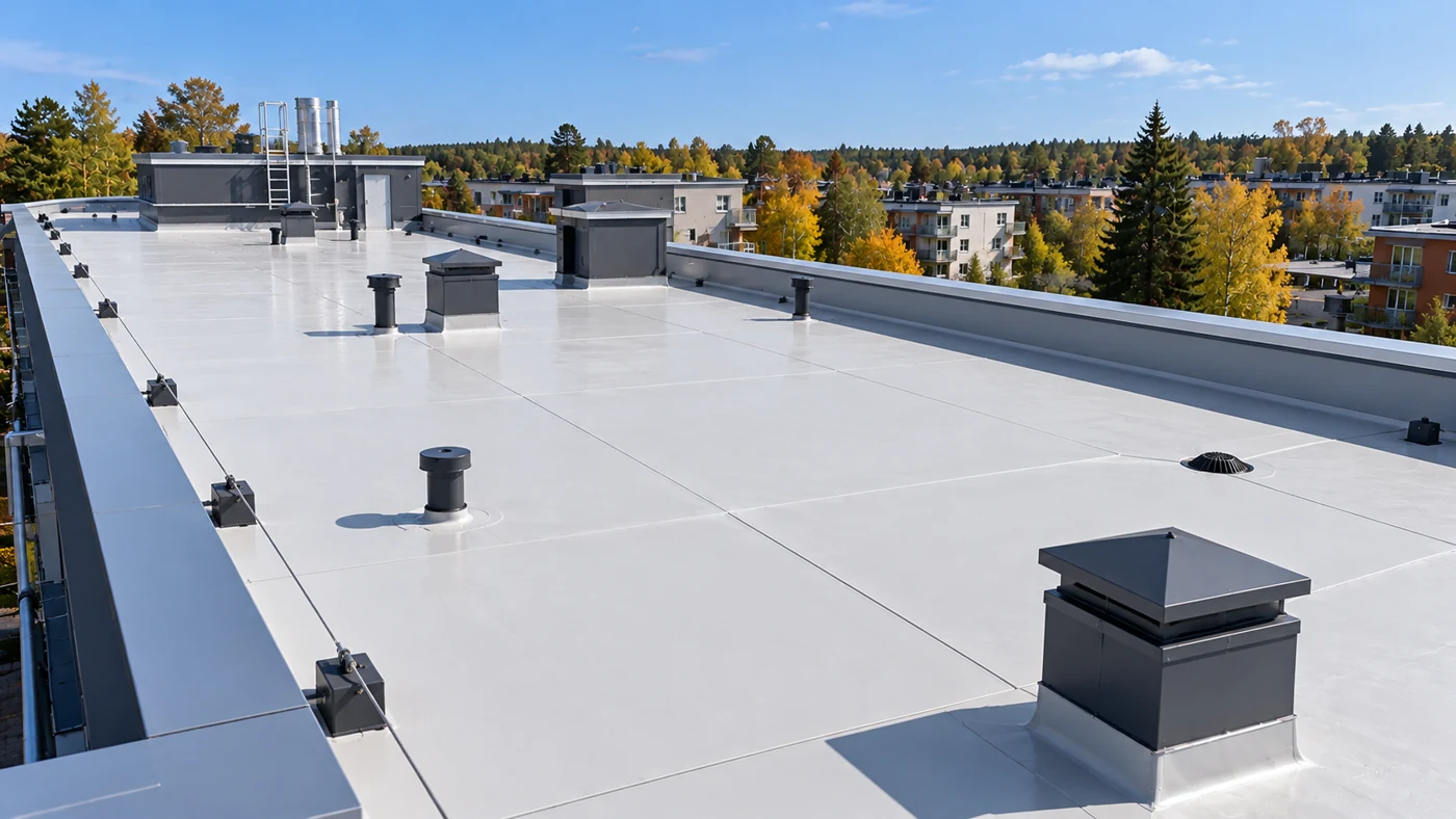 Light-coloured flat roof covering with vents and residential buildings in the background