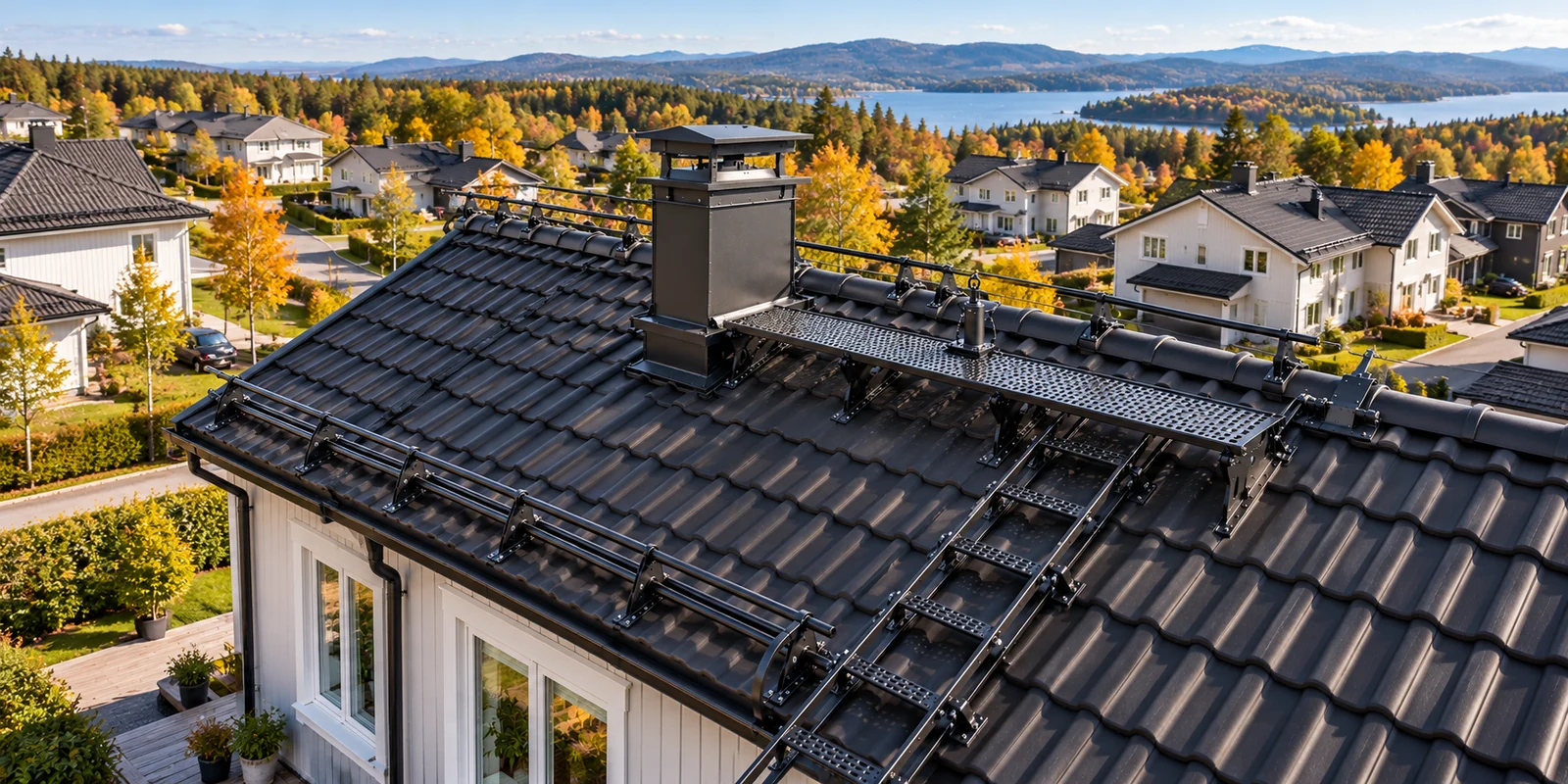 Roof with a ladder, chimney walkway and roof safety fittings